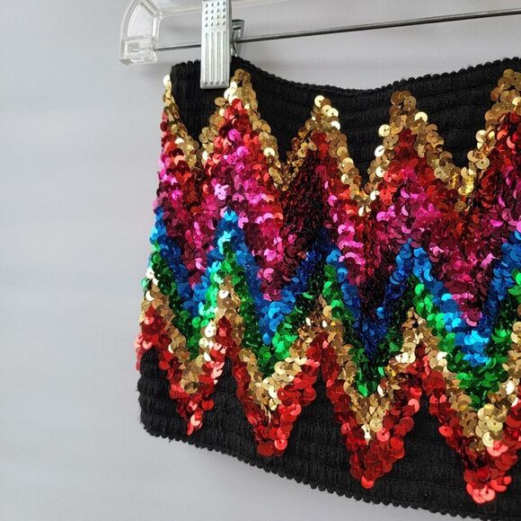 Topshop Womens Medium Black Boho Disco Retro Bright Sequin Smocked Tube Crop Top - Picture 5 of 10